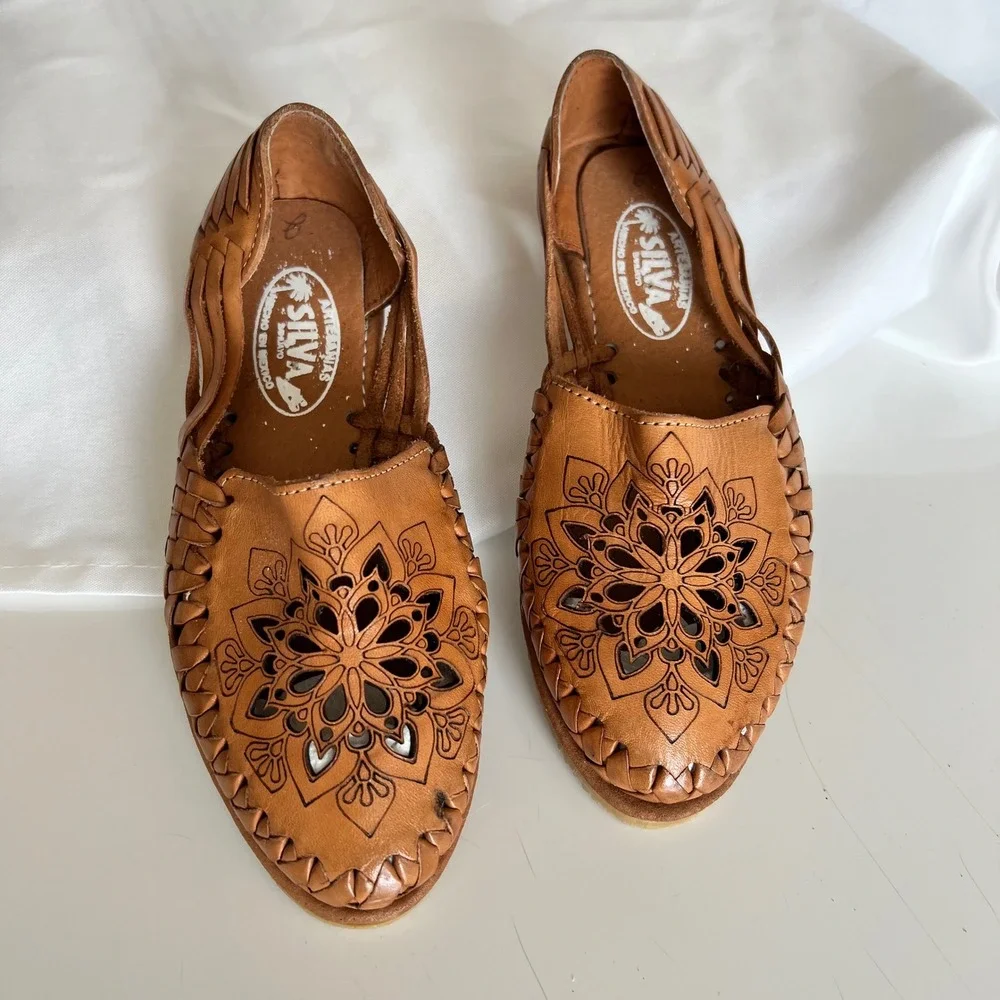 Silva Mexican Huarache Sandals Tan Leather Floral Mandala Woven Flats Womens 8